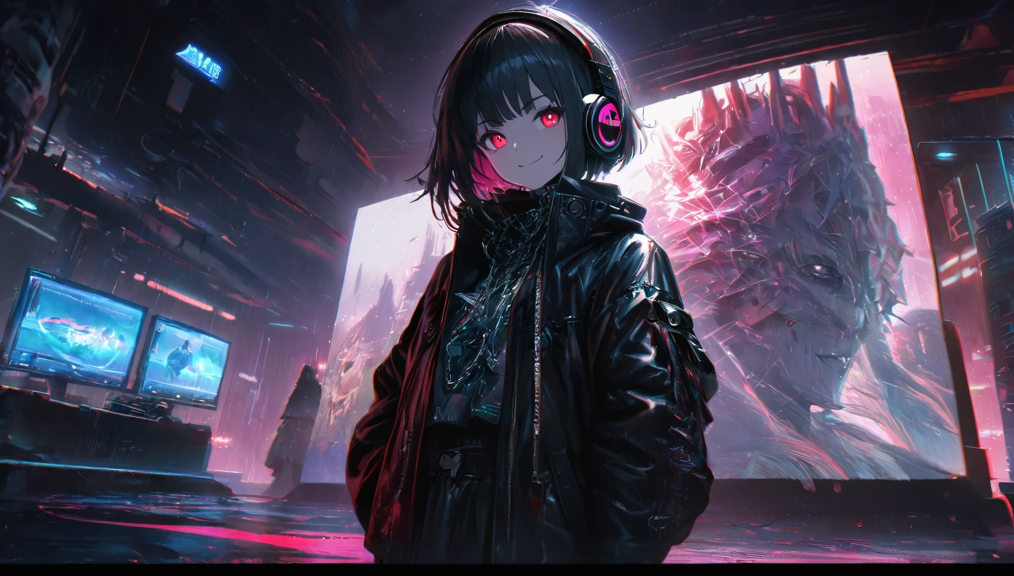 1 Girl, chromatic aberration, Written boundary depth, Soft Light, masterpiece, Highest quality, complicated, Tone Mapping, Very detailed, Art Station, Concept Art, Smooth, Clear focus, Dramatic lighting, Very detailed artwork, movie, super practical painting, Art Station's trending, 8K, Incredible Shadows, practical, (Very detailed background:1.0), whole body, View, Viewers, Very detailed portrait of one girl 1, standing on street corner, Heavy rain and lightning、Dark Sky, neon and cyber punk background, she is dressed in punk clothing with silver chains and silver spikes, Her hair was dyed a bright black color.，The middle part is black, She wears headphones, Detailed red eyes with clear pupils, Ominous aura of light, smile, punk, ciber punk, Backlight.、No knowledge of horses&#39;tail、Wearing a camisole