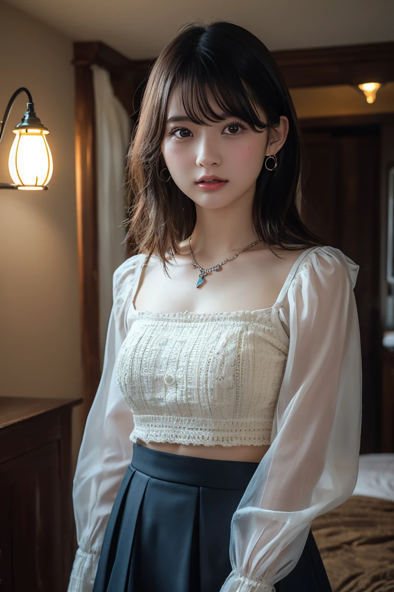 (Highest quality:1.4),(masterpiece:1.4),(Realistic:1.4),(Realistic:1.2),(超High resolution, RAW Photos:1.4),(High resolution, Ultra-detailed:1.2),(8k:1.2),View your viewers,Cinematic photography,One girl,skeletally correct,Black-haired woman,Woman in her early 20s,(Small earrings,necklace,Tulle blouse,Bustier,Crochet skirt),(Western-style building interior,Dimly lit room,The lamplight shines on my cheeks)