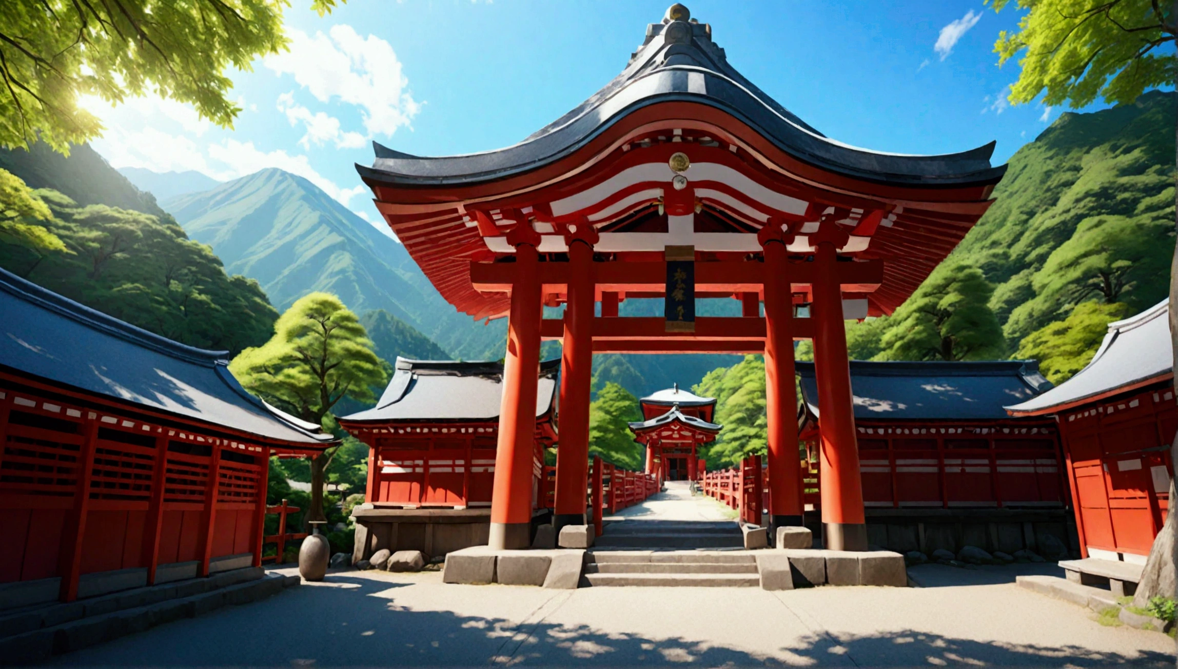 a japanese shrine in the mountains on a sunny summer day, intricate detailed gates, ultra detailed, 8k, highres, masterpiece:1.2, realistic:1.37, professional, vivid colors, physically-based rendering, extreme detail, hdr, uhd, studio lighting