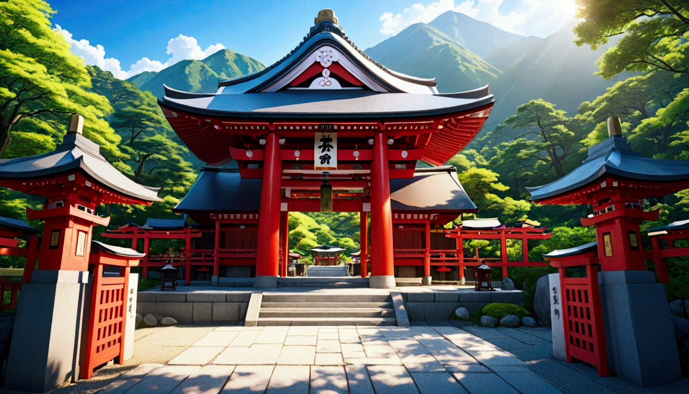 a japanese shrine in the mountains on a sunny summer day, intricate detailed gates, ultra detailed, 8k, highres, masterpiece:1.2, realistic:1.37, professional, vivid colors, physically-based rendering, extreme detail, hdr, uhd, studio lighting