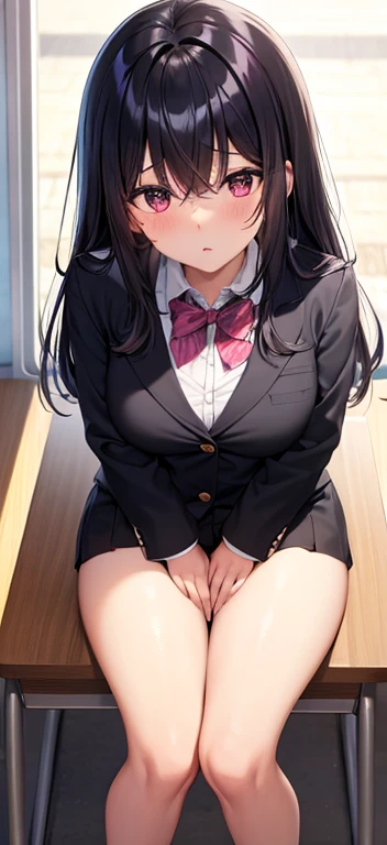 20-year-old　Japanese　Black hair color　Sweep your bangs to the side　Hair a little longer than shoulder length　　Large Breasts, mature　　Dark Skin　naked　blazer　mini skirt　Navy blue socks　Black loafers　Long legs　Pink panties　　Sit on a chair　　orgasm　　blush　　School classroom