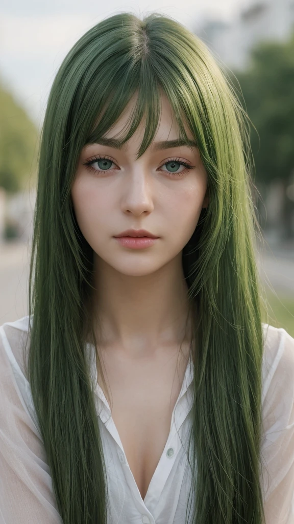 a European girl.  facial details.  delicate facial features.  half-closed eyes.  green eyes.  long straight hairstyle.  messy hair.  green hair.  Bite your lips seductively.  straight face