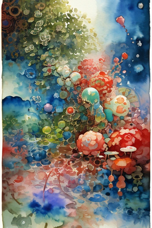 Abstract Steampunk Girl Monster,angerでに光る目、 A wonderful garden, Red and Blue, crazy watercolor painting on white canvas, become close, Fine touch, A true masterpiece watercolor painting, Splash、masterpiece、Highest quality、fear、anger、expressing fear、Detailed Description、