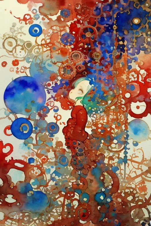Abstract Steampunk Girl Monster,angerでに光る目、 A wonderful garden, Red and Blue, crazy watercolor painting on white canvas, become close, Fine touch, A true masterpiece watercolor painting, Splash、masterpiece、Highest quality、fear、anger、expressing fear、Detailed Description、