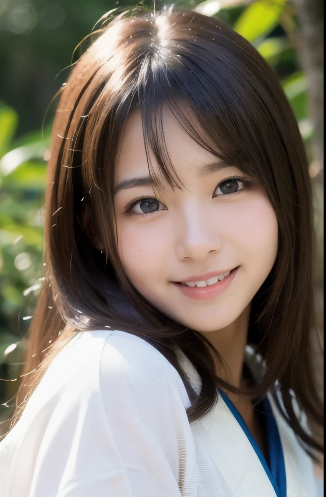 best quality, face focus, soft light, ultra high res, (photorealistic:1.4), RAW photo,(Shinozaki Ai), white skin,
1 Japanese girl, solo, (cute), smile, (pupil, lights in the eyes),  (detailed beautiful face), busty,(high resolution detail of human skin texture), long hair, (portrait), upper body, white traditional kimono, in the forest