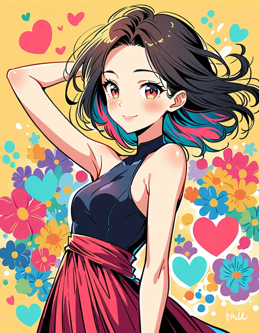40 females、Black Hair、Wearing a sleeveless dress、Light rainbow hair、A big smile、most beautiful girl of all time、Lips in Love、Colorful flowers、colorful hearts, Simple line initials、Abstract art、Urban Background