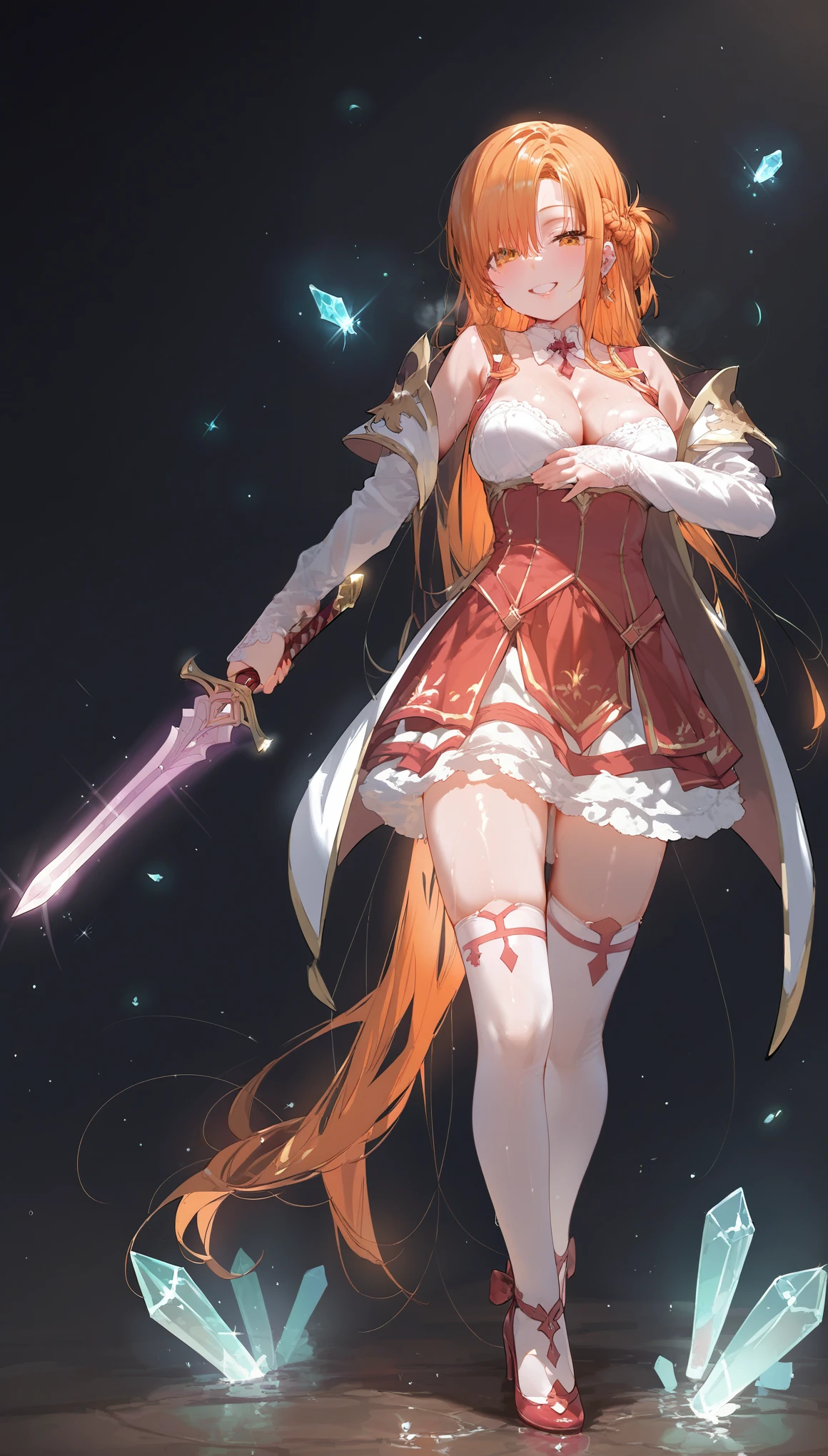 score_9, score_8_up, score_7_up, score_6_up, uncensored, asuna yuuki, orange hair, fold, braid, long hair, orange eyes, naughty face, shiny skin, sweating, BREAK (masterpiece:1.2), best quality, high resolution, unity 8k wallpaper, (illustration:0.8), (detailed eyes:1.3), perfect lighting, extremely detailed CG, (perfect hands, perfect anatomy), 1girl, weapon, sword, thighhighs, solo, full_body, standing, dress, holding_weapon, gloves, holding, short_dress, looking_at_viewer, earrings, cleavage, white_legwear, magic, crystal, shimmering light, 