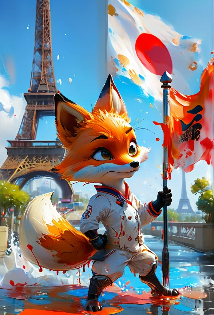 Splash Art, cool fox(Game Characters、Big eyes、A fox playing fencing、Gold medal at stake、Eiffel Tower in the background、Olympic Games、背景にJapanese flag), wonderfulインスタグラム, Art Station, Colorful paint splash style+, Very detailed、Exquisitely crafted down to the last detail, Engine Unreal, wonderful, Details Complexity, Splash screen, Complementary Color, Realistic concept art, 8k resolution, deviantart masterpiece, Oil, Thick brushwork, Paint dripping, Splash Art,Paris,Japanese flag