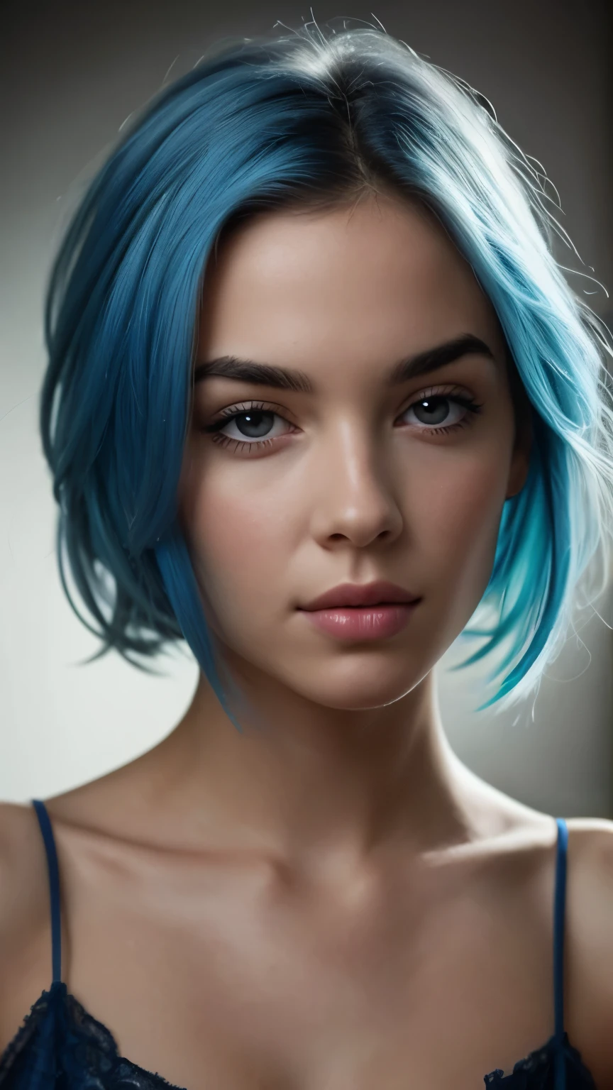 elegant, (((blue hair))) (feminine), ((alluring facial expression)), ((exquisitely detailed facial features)), ((perfect eyes)), extremely detailed painting, intricate, painterly brush strokes, ((Bastien Lecouffe-Deharme art style)), 8k wallpaper, nikon, trending on Artstation, trending on CGSociety, midjourney art, (sensual), ((child)), portrait