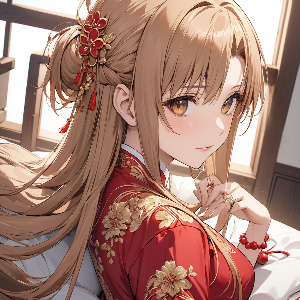 ((Highest quality)), ((masterpiece)), (detailed), （Perfect Face）、The woman is Yuuki Asuna, with her light brown, medium-long hair tied up in a bun. She is dressed in a gorgeous red Chinese dress with gold embroidery and trimmings, and is lavishly decorated with gorgeous accessories and an engagement ring.