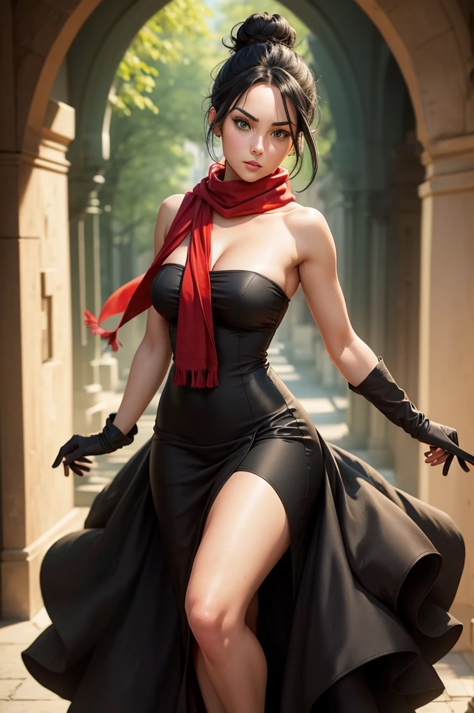 fullbody view, female, green eyes, black hair tied to a bun, strapless midi dress, red scarf around her neck, flowy arm sleeves, silk gloves