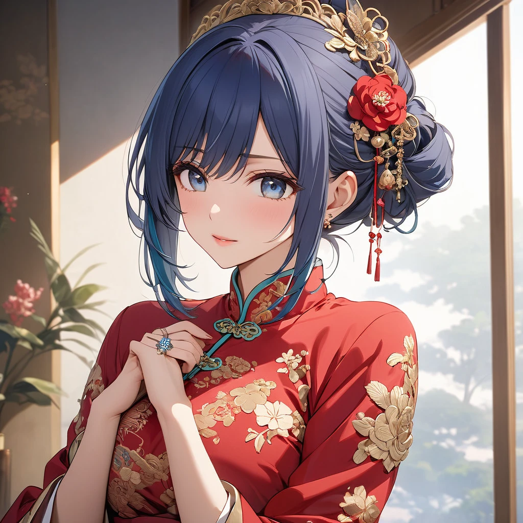((Highest quality)), ((masterpiece)), (detailed), （Perfect Face）、The woman, Akane Kurokawa, has her medium-long blue hair tied up in a bun. She is dressed in a gorgeous red Chinese dress with gold embroidery and trimmings, and is lavishly decorated with gorgeous accessories and an engagement ring.
