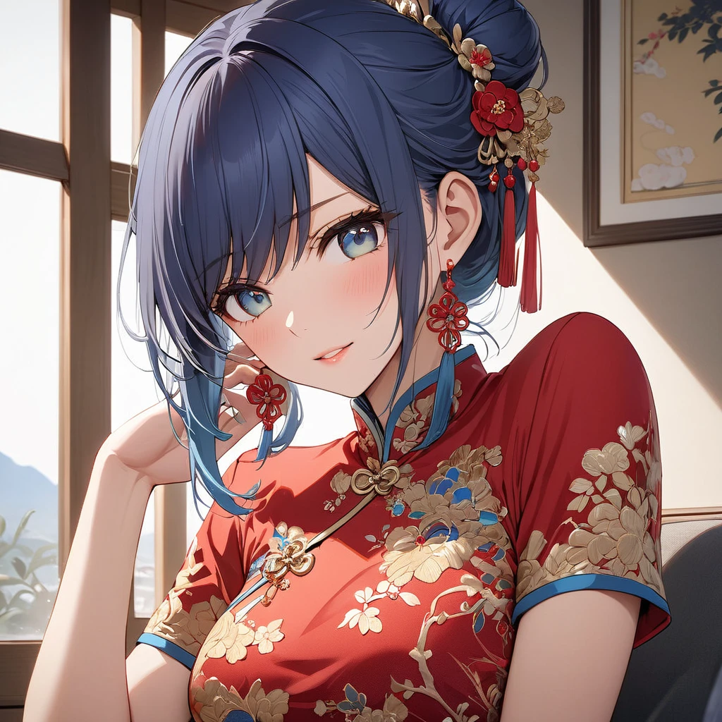 ((Highest quality)), ((masterpiece)), (detailed), （Perfect Face）、The woman, Akane Kurokawa, has her medium-long blue hair tied up in a bun. She is dressed in a gorgeous red Chinese dress with gold embroidery and trimmings, and is lavishly decorated with gorgeous accessories and an engagement ring.