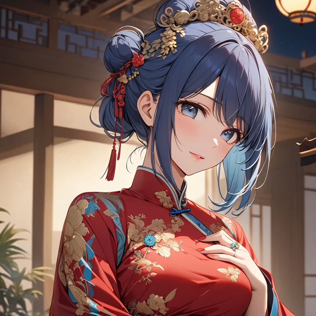 ((Highest quality)), ((masterpiece)), (detailed), （Perfect Face）、The woman, Akane Kurokawa, has her medium-long blue hair tied up in a bun. She is dressed in a gorgeous red Chinese dress with gold embroidery and trimmings, and is lavishly decorated with gorgeous accessories and an engagement ring.