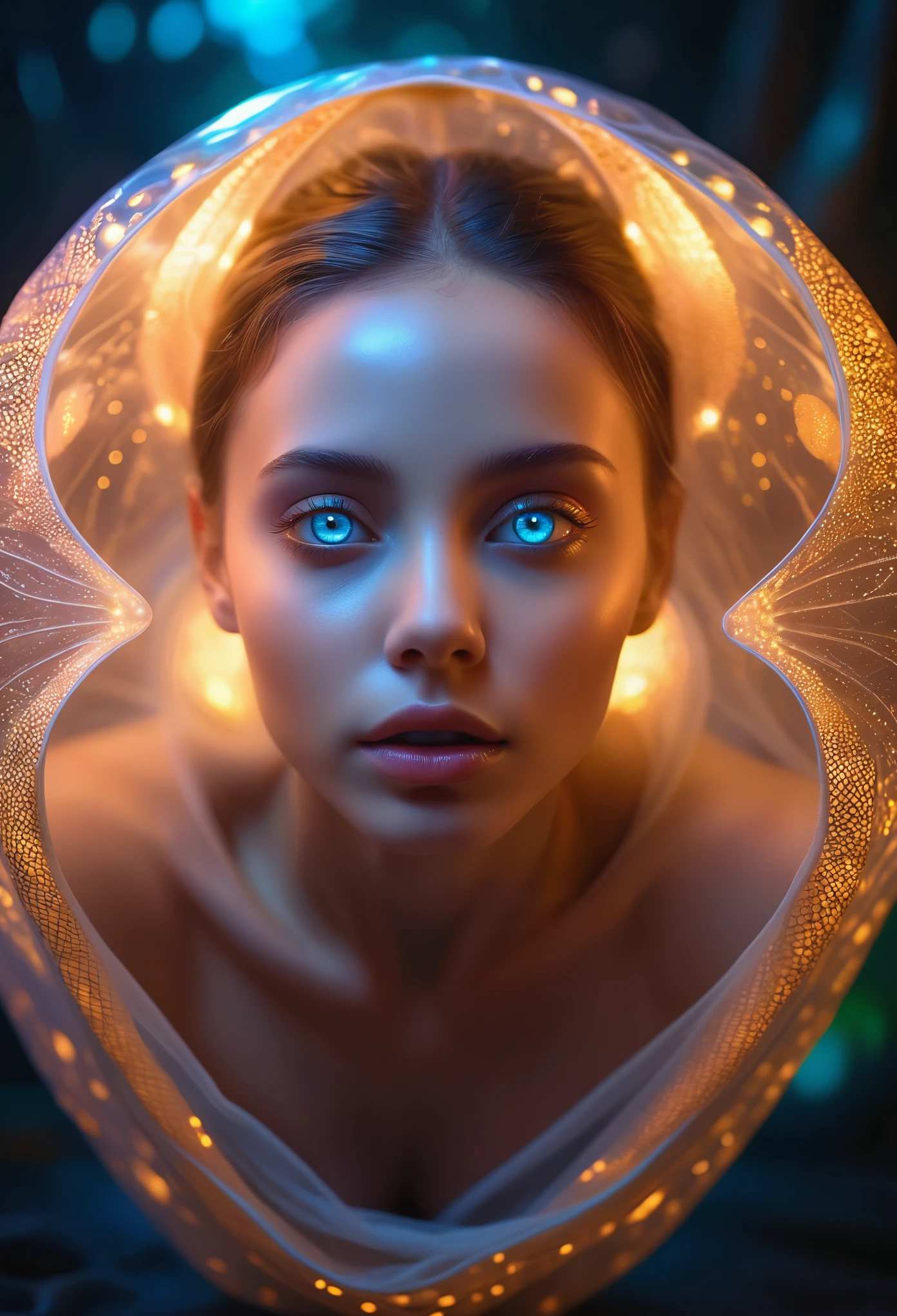 1 beautiful female alien girl emerging from a cocoon, detailed beautiful face like cute girl and body, from back, (glowing eyes, glowing skin:1.5), intricate organic details, translucent wings, symmetrical face, ethereal lighting, cinematic, vibrant colors, digital art, highly detailed, 8k, photorealistic, whole body, Floating in the air