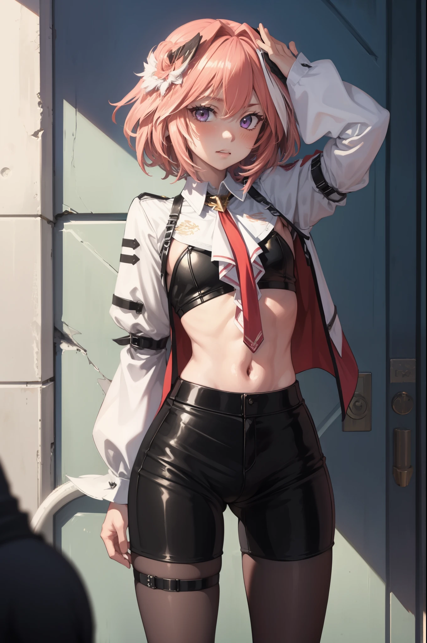 absurdres, masterpiece, best quality, (astolfo fate:1.2155), 1boy, male focus, solo, trap, pink multicolored hair, pink hair, white hair, hair intakes, long hair, pink detailed eyes, crossdressing, black panties, exposed navel,cowboy shot,white shirt, pantyhose, thigh strap,astolfo (fate), large ,Intricate Details, 4K, arms above head, bandeau, bulge,blushing