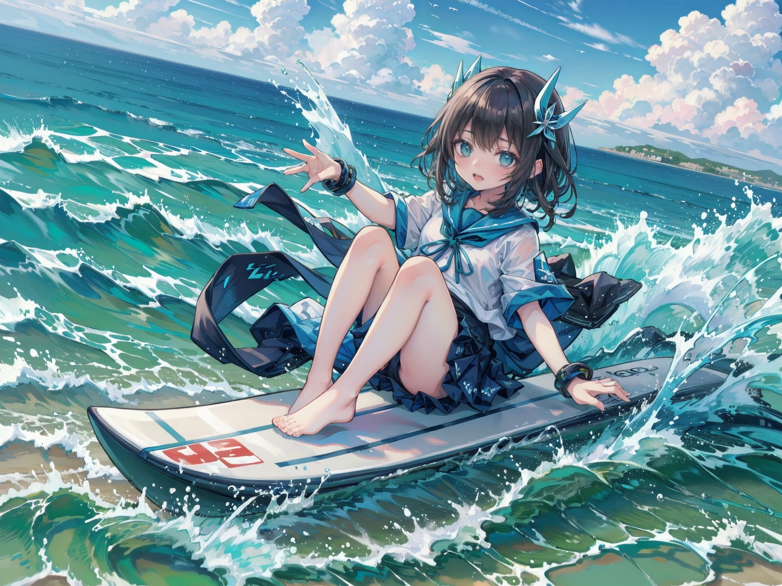 barefoot、Anime girl riding a surfboard on ocean waves, Casciato, Casciato kenz, By Yoshihiko Wada, surfing, Expressing joy. by krenz Casciato, , Asuka as a surfer model, Anime Styleイラスト, Official Art, Nagatoro, fubuki, High quality anime art style, High resolution, Anime Style」