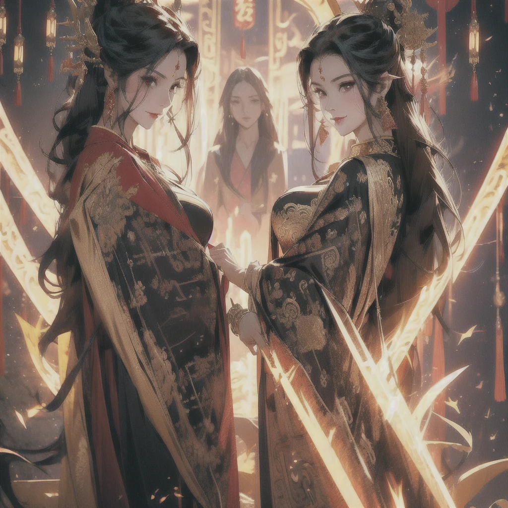 1 female goddess, dragon horns, golden dragon slit eyes, ultra high quality, ultra high resolution, big breasts, slender yet curvaceous body, pointed ears, kind yet cruel smile, golden chain with a ruby dagger pendant, wearing red robes with intricate gold designs big eyes, perfect body, golden pagoda background, with no people, old chinese martial background, long spear of pure black colour and embedded gold patterns.
