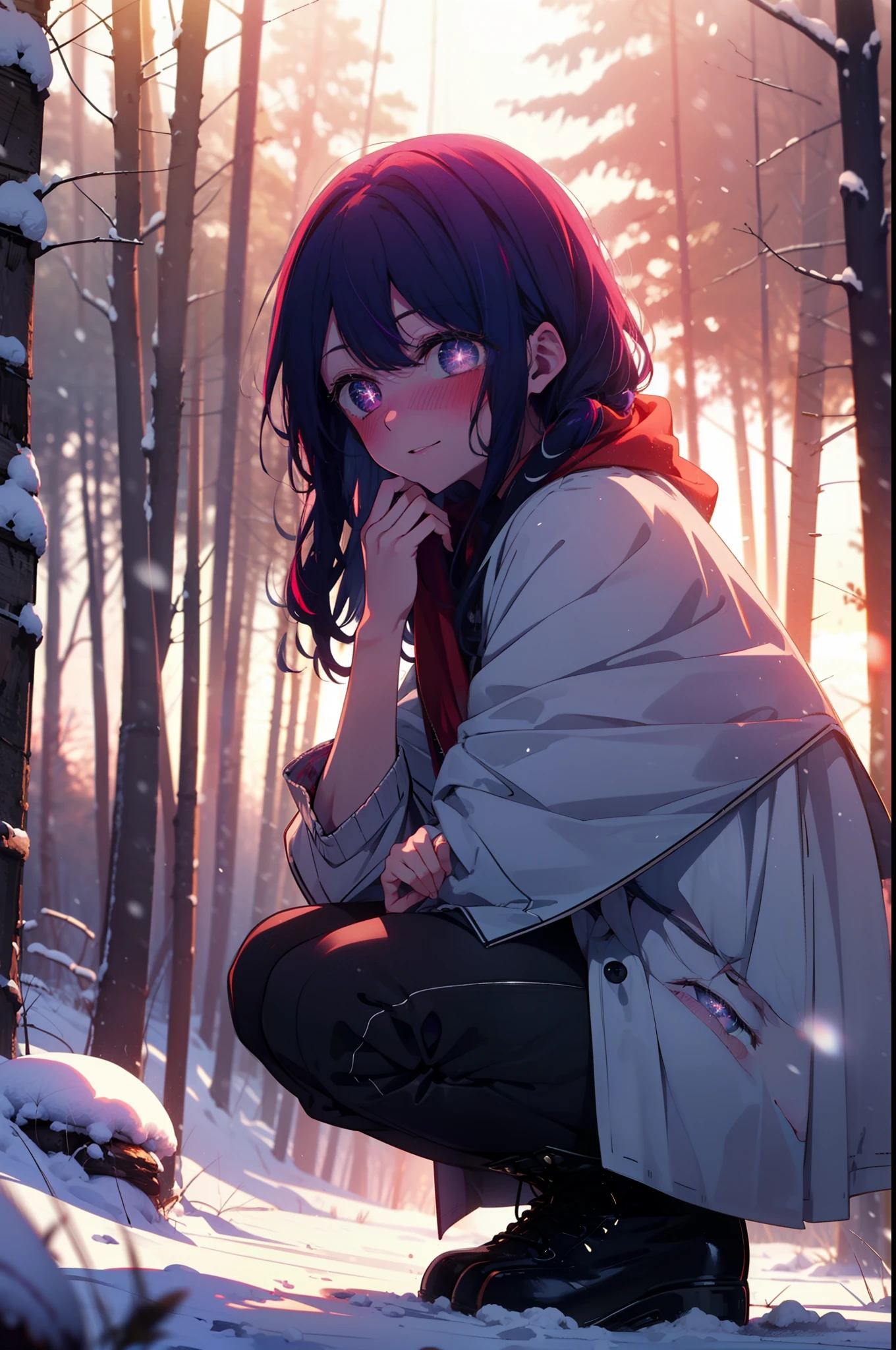 aihoshino, Ai Hoshino, Long Hair, bangs, (Purple eyes:1.1), Purple Hair, (Symbol-shaped pupil:1.5), smile,,smile,blush,white breath,
Open your mouth,snow,Ground bonfire, Outdoor, boots, snowing, From the side, wood, suitcase, Cape, Blurred, , forest, White handbag, nature, Squat, Mouth closed, Cape, winter, Written boundary depth, Black shoes, red Cape break looking at viewer, Upper Body, whole body, break Outdoor, forest, nature, break (masterpiece:1.2), Highest quality, High resolution, unity 8k wallpaper, (shape:0.8), (Beautiful and beautiful eyes:1.6), Highly detailed face, Perfect lighting, Extremely detailed CG, (Perfect hands, Perfect Anatomy),