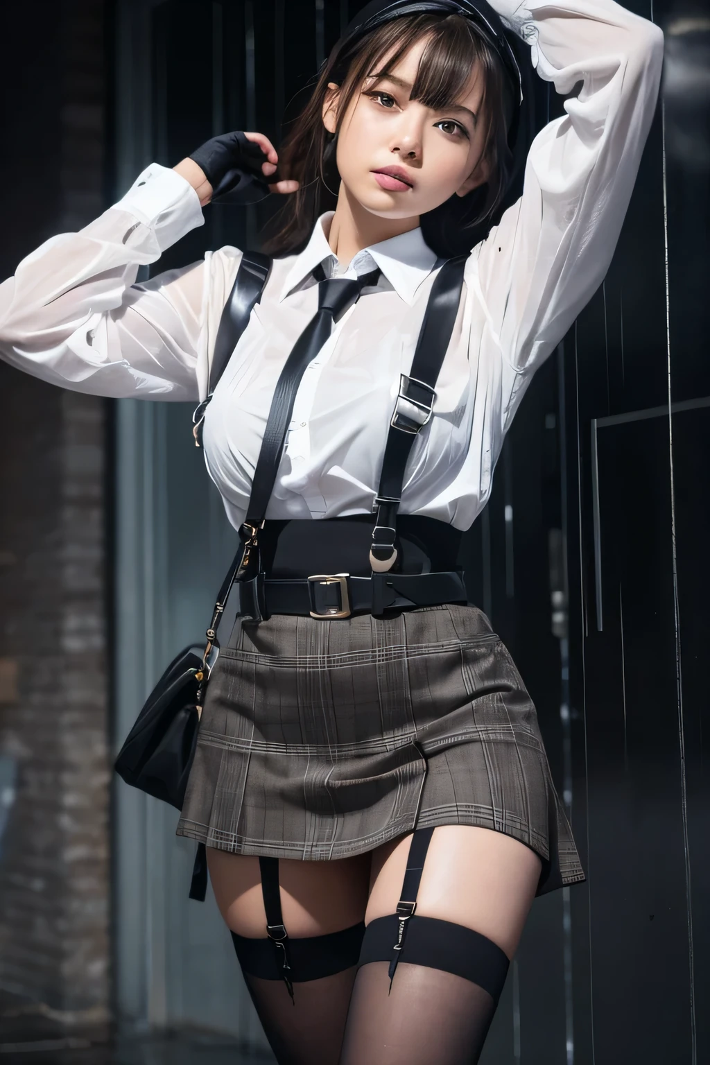 1 female, , high quality, masterpiece, Ultra-high resolution, Cinema Lighting, 1 female, , high quality, masterpiece, Ultra-high resolution, , Cinema Lighting, suspenders Moderate breasts Small face Looking up Sweat Thin belt buzzer 脇Sweat garter belt Belt on pants holster Hands behind your back Looking up Anxious face Knee-high Knee socks Knee-highソックス garter ふとももにgarter belt Checkered mini skirt Panty shot Skirt gap Armament holster holster Hands behind your back Anxious expression Anxious face, legs apart Armament Leg Holster holster See-through clothing heavy rain Rain-soaked dress shirt,Moderate breasts ガーターbelt suspenders Garter on the thigh Checkered mini skirt Looking up Pause belt Armpit sweat Hands behind back Raise your hands