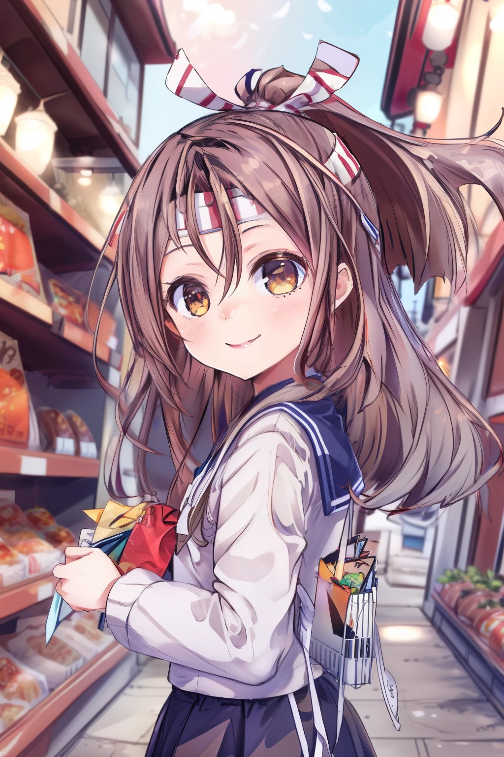 Very detailed,masterpiece,Highest quality,One girl,Ruifeng KC,Town Outdoors,street,Sailor suit.Navy pleated skirt,shopping,smile,Shining Eyes, head band,High Ponytail, 