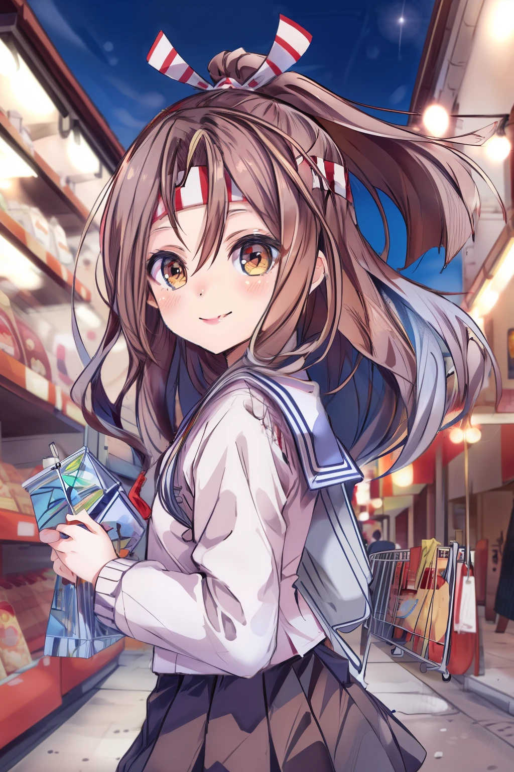 Very detailed,masterpiece,Highest quality,One girl,Ruifeng KC,Town Outdoors,street,Sailor suit.Navy pleated skirt,shopping,smile,Shining Eyes, head band,High Ponytail,