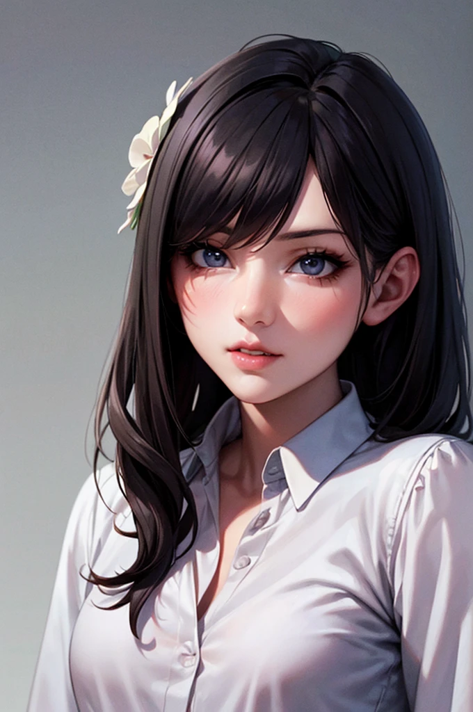  anime girl, Realistic Shadows, Detailed skin, Small breasts, Black Hair, Very detailed, 8kのVery detailedな顔, perfect face shape, Perfect Lips, Perfect Nose, Correct beautiful eyes, Audience, White shirt, Hair Flowers, masterpiece, Highest quality, Single women,   alone