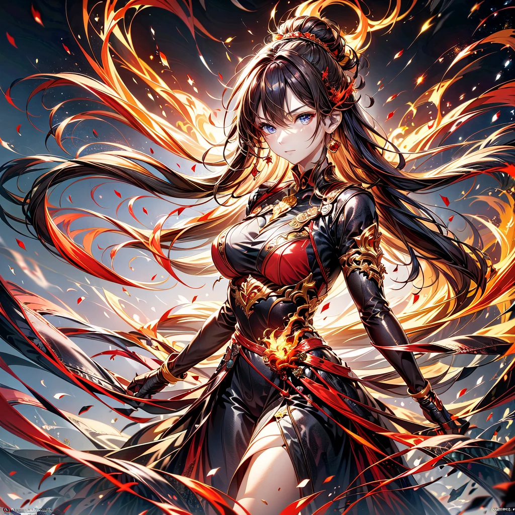 1girl,(((Highest quality、Masterpiece、Official Art、Super detailed、The best dynamic composition、Perfect Anatomy)))、Anime Style、Incarnation of Fire、Girl on Fire、He is accompanied by a fire dragon.、Fractal art of flames、Award-winning works、Holding a fireball in his hand、Serious face、Combat Ready、Cool pose、blow up from below🔥、Gray Hair、