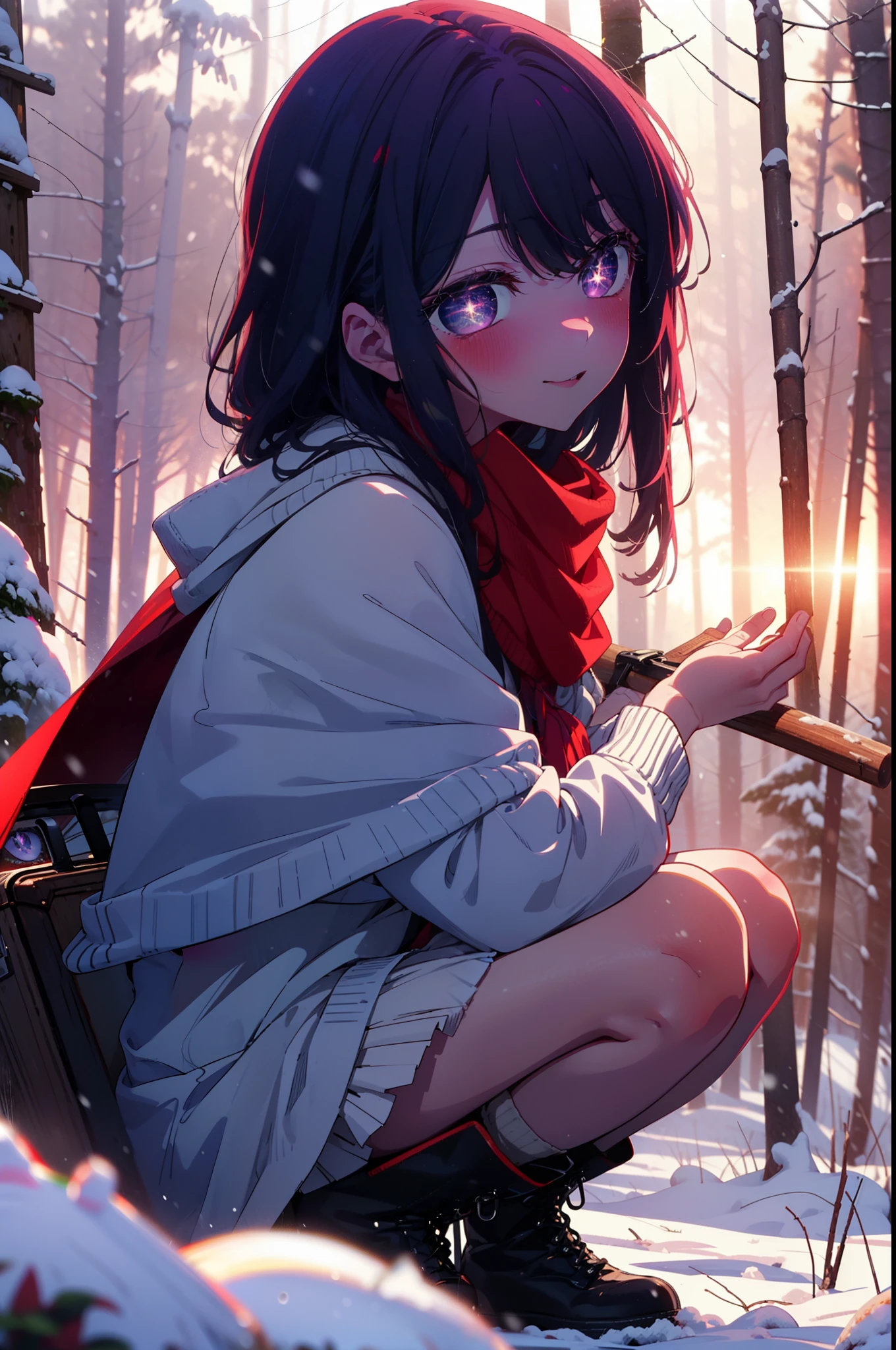 aihoshino, Ai Hoshino, Long Hair, bangs, (Purple eyes:1.1), Purple Hair, (Symbol-shaped pupil:1.5), smile,,smile,blush,white breath,
Open your mouth,snow,Ground bonfire, Outdoor, boots, snowing, From the side, wood, suitcase, Cape, Blurred, , forest, White handbag, nature, Squat, Mouth closed, Cape, winter, Written boundary depth, Black shoes, red Cape break looking at viewer, Upper Body, whole body, break Outdoor, forest, nature, break (masterpiece:1.2), Highest quality, High resolution, unity 8k wallpaper, (shape:0.8), (Beautiful and beautiful eyes:1.6), Highly detailed face, Perfect lighting, Extremely detailed CG, (Perfect hands, Perfect Anatomy),