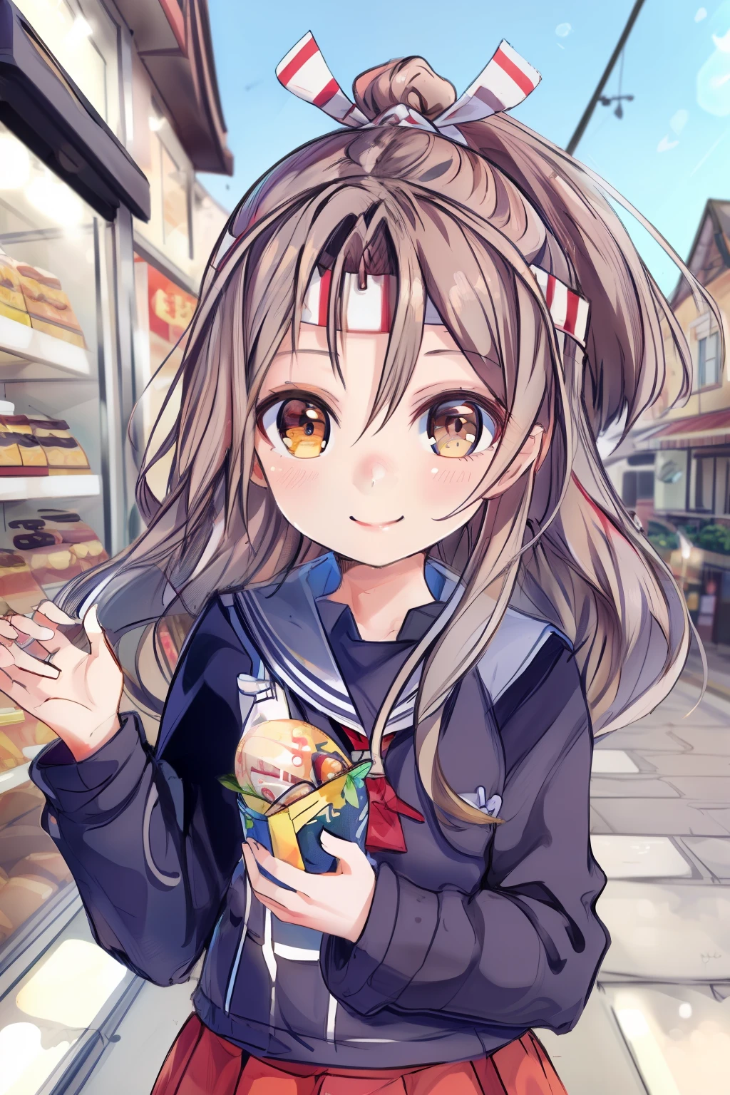 Very detailed,masterpiece,Highest quality,One girl,Ruifeng KC,Town Outdoors,street,Sailor suit.Navy pleated skirt,shopping,smile,Shining Eyes, head band,High Ponytail, 