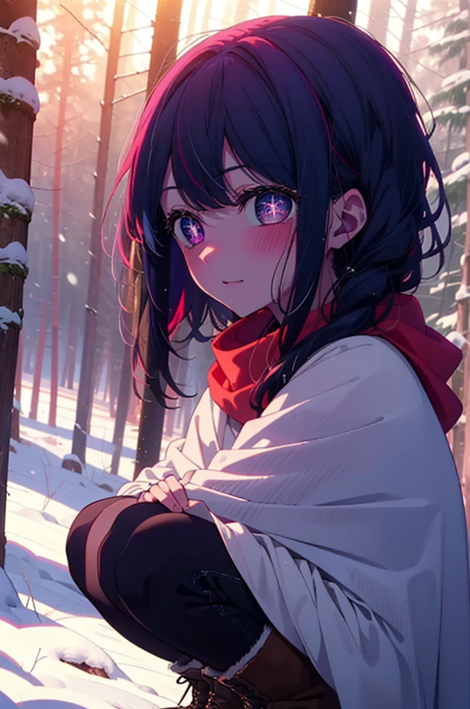 aihoshino, Ai Hoshino, Long Hair, bangs, (Purple eyes:1.1), Purple Hair, (Symbol-shaped pupil:1.5), smile,,smile,blush,white breath,
Open your mouth,snow,Ground bonfire, Outdoor, boots, snowing, From the side, wood, suitcase, Cape, Blurred, , forest, White handbag, nature,  Squat, Mouth closed, Cape, winter, Written boundary depth, Black shoes, red Cape break looking at viewer, Upper Body, whole body, break Outdoor, forest, nature, break (masterpiece:1.2), Highest quality, High resolution, unity 8k wallpaper, (shape:0.8), (Beautiful and beautiful eyes:1.6), Highly detailed face, Perfect lighting, Extremely detailed CG, (Perfect hands, Perfect Anatomy),