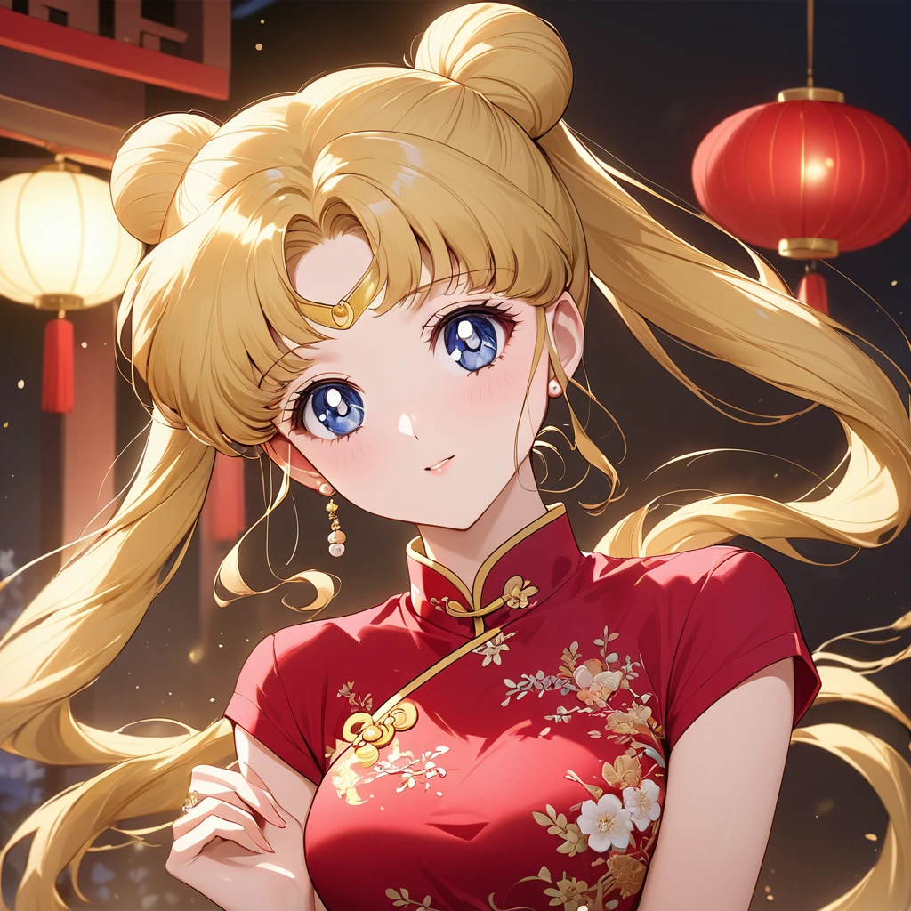 ((Highest quality)), ((masterpiece)), (detailed), （Perfect Face）、The woman is Tsukino Usagi, with her long blonde hair tied in a chignon and twin tails. She is dressed in a gorgeous red Chinese dress with gold embroidery and trimmings, and is lavishly decorated with gorgeous accessories and an engagement ring.