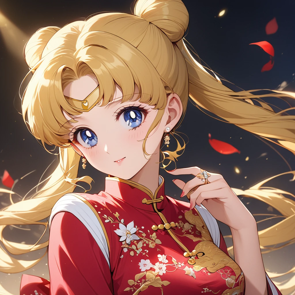 ((Highest quality)), ((masterpiece)), (detailed), （Perfect Face）、The woman is Tsukino Usagi, with her long blonde hair tied in a chignon and twin tails. She is dressed in a gorgeous red Chinese dress with gold embroidery and trimmings, and is lavishly decorated with gorgeous accessories and an engagement ring.