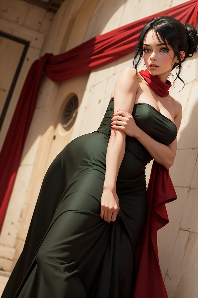 fullbody view, female, intense green eyes, black hair tied to a bun, strapless full dress, red scarf around her neck, long silk gloves, a fabric is wrapped around her waist, she holds a pillow in her hands