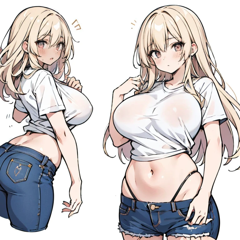 Anime Kawaii sexy Perfect Slim sensual body large breast and huge thighs, An intricate and highly detailed illustration of anime (Young girl)  work of art, better_品質, 1 girl, darkskin_female, blond_eyeballs, rot_eyeballs, big fit ass_breastsout, betterar, make up, Shorts, JEANS_Shorts, hackear_main, へそ, tummy, toned, (abdomen:0.8),
