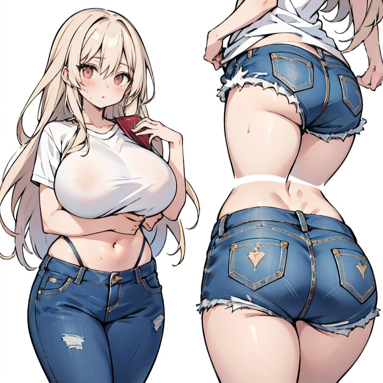 Anime Kawaii sexy Perfect Slim sensual body large breast and huge thighs, An intricate and highly detailed illustration of anime ( girl)  work of art, better_品質, 1 girl, darkskin_female, blond_eyeballs, rot_eyeballs, big fit ass_breastsout, betterar, make up, Shorts, JEANS_Shorts, hackear_main, へそ, tummy, toned, (abdomen:0.8),