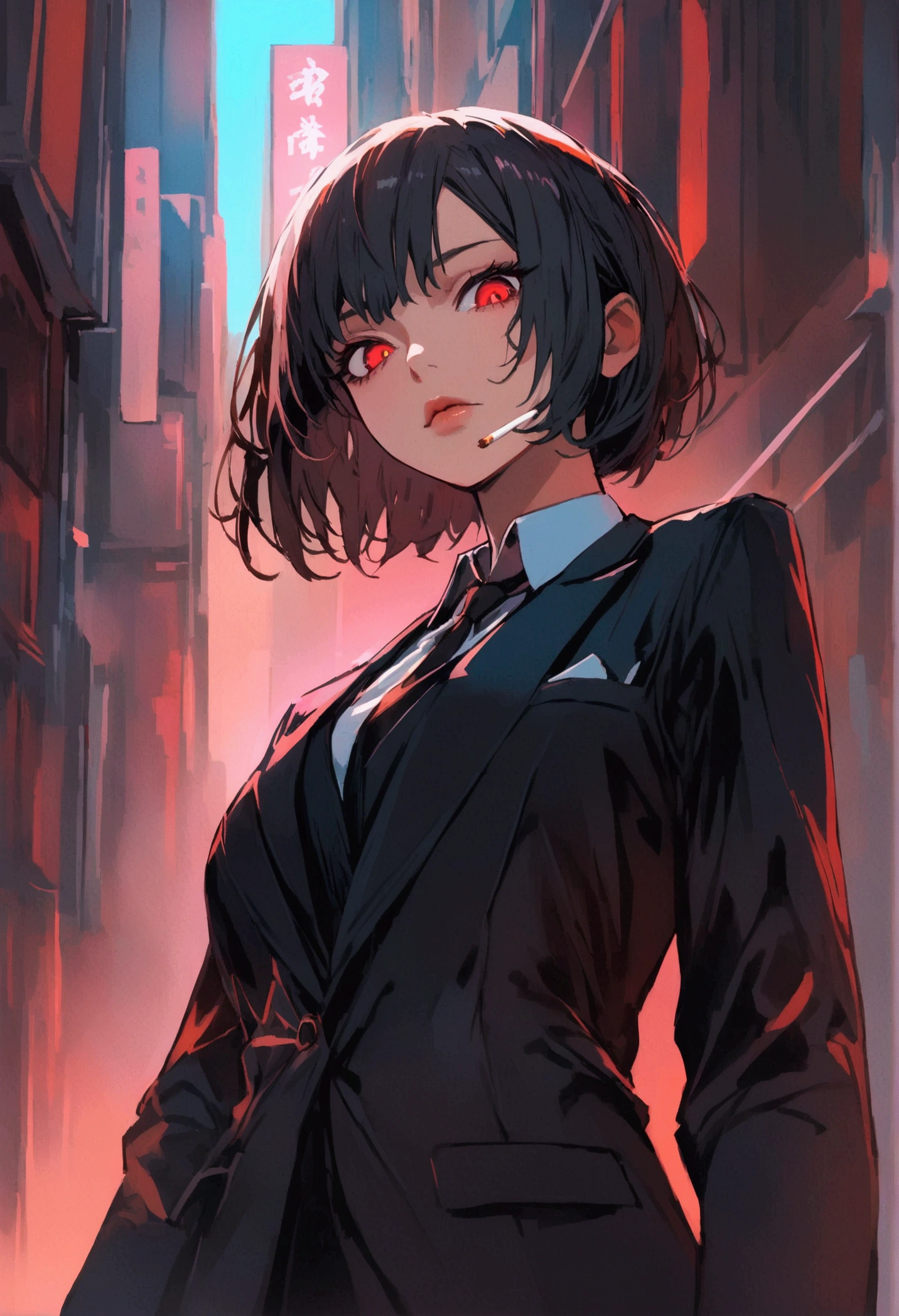 a woman in a suit, looking down at viewer with sharp eyes, she is lightining a cigarette, beautiful, red eye, black hair, wolf hair cut, low angle view