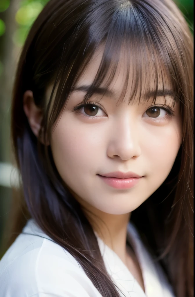 best quality, face focus, soft light, ultra high res, (photorealistic:1.4), RAW photo,(Shinozaki Ai), white skin,
1 Japanese girl, solo, (cute), smile, (pupil, lights in the eyes), (detailed beautiful face), busty,(high resolution detail of human skin texture), long hair, (portrait), upper body, white traditional kimono, in the forest