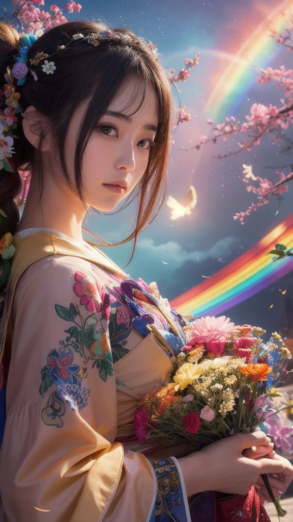 Beautiful Japanese Woman, (masterpiece: 1.2), (Highest quality), 4K, Very detailed, (moving composition: 1.4), Very detailed, Colorful details, (Rainbow colors: 1.2), (Bright lighting, Atmospheric lighting), dream-like, magic, (alone: 1.2) ,