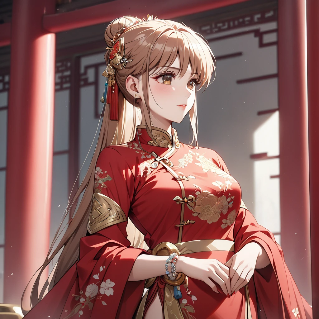 ((Highest quality)), ((masterpiece)), (detailed), （Perfect Face）、The woman is Princess Leona, with her light brown, medium-long hair tied up in a bun. She is dressed in a gorgeous red Chinese wedding dress with gold embroidery and trim, and is adorned with gorgeous accessories and an engagement ring.