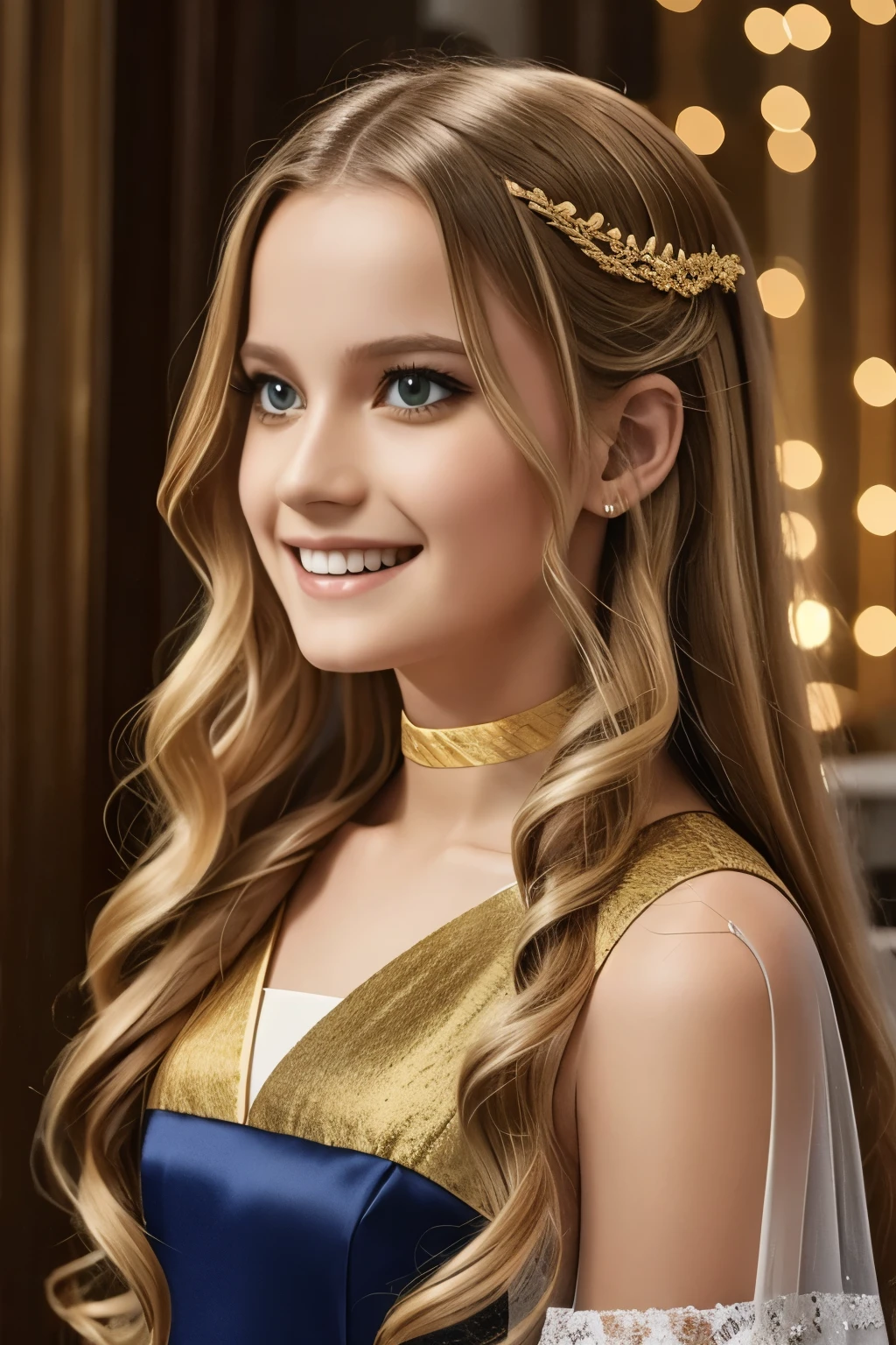 Girl, flowing golden blonde hair, yellow eyes, golden imperial outfit, neckline, anime, the background is a clear sky with twinkling lights, dynamic angle, arrogant laughter