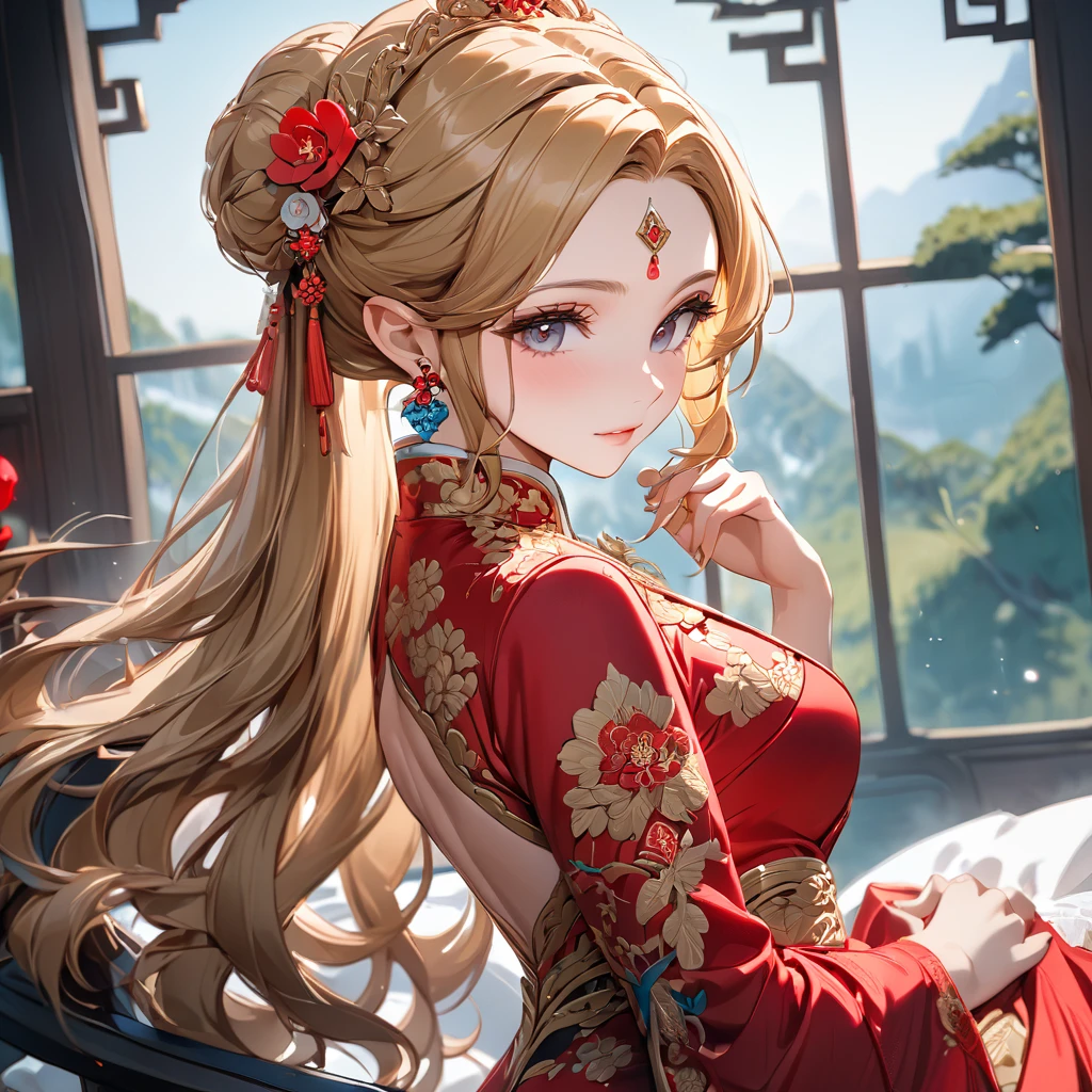 ((Highest quality)), ((masterpiece)), (detailed), （Perfect Face）、The woman is Princess Zelda, with her blonde, medium-long hair tied up in a bun. She is dressed in a gorgeous red Chinese wedding dress with gold embroidery and trim, and is adorned with gorgeous accessories and an engagement ring.