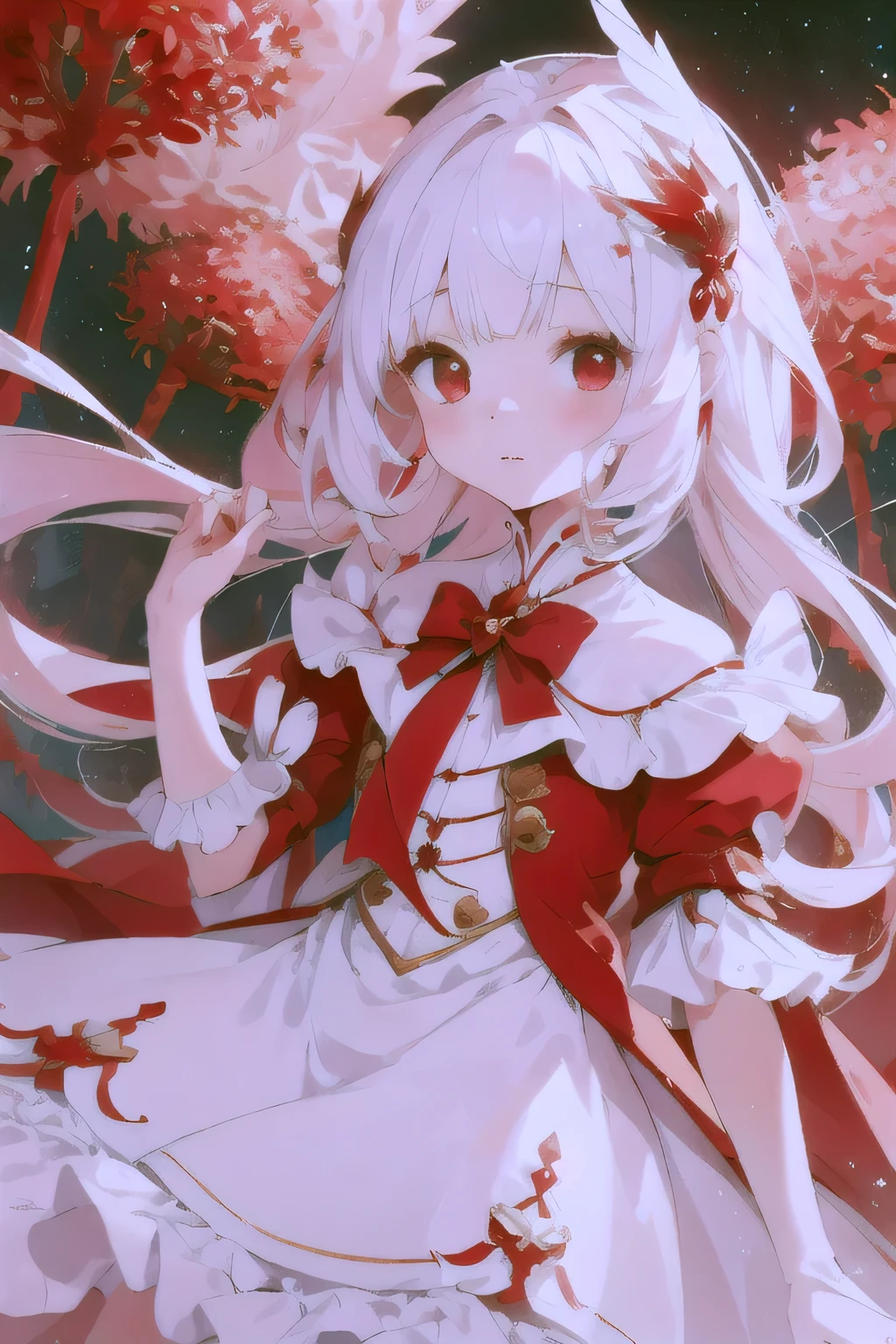 Nice illustration, best quality, Cute little girl, (Transformation sequence), Transform into a magical girl, Red Cliff, White Magical Girl, Fractal Art, Albinism, baby face, Pure White and Red Long Net Hair, Beautiful and delicate red eyes, light, Cowboy shooting, Looking at the audience, From the bottom, Happy
