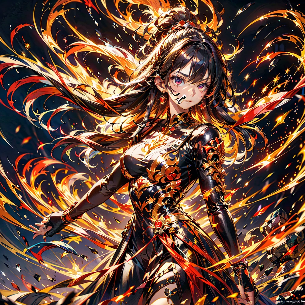 1girl,(((Highest quality、Masterpiece、Official Art、Super detailed、The best dynamic composition、Perfect Anatomy)))、Anime Style、Incarnation of Fire、Girl on Fire、He is accompanied by a fire dragon.、Fractal art of flames、Award-winning works、Holding a fireball in his hand、Serious face、Combat Ready、Cool pose、blow up from below🔥、Gray Hair、