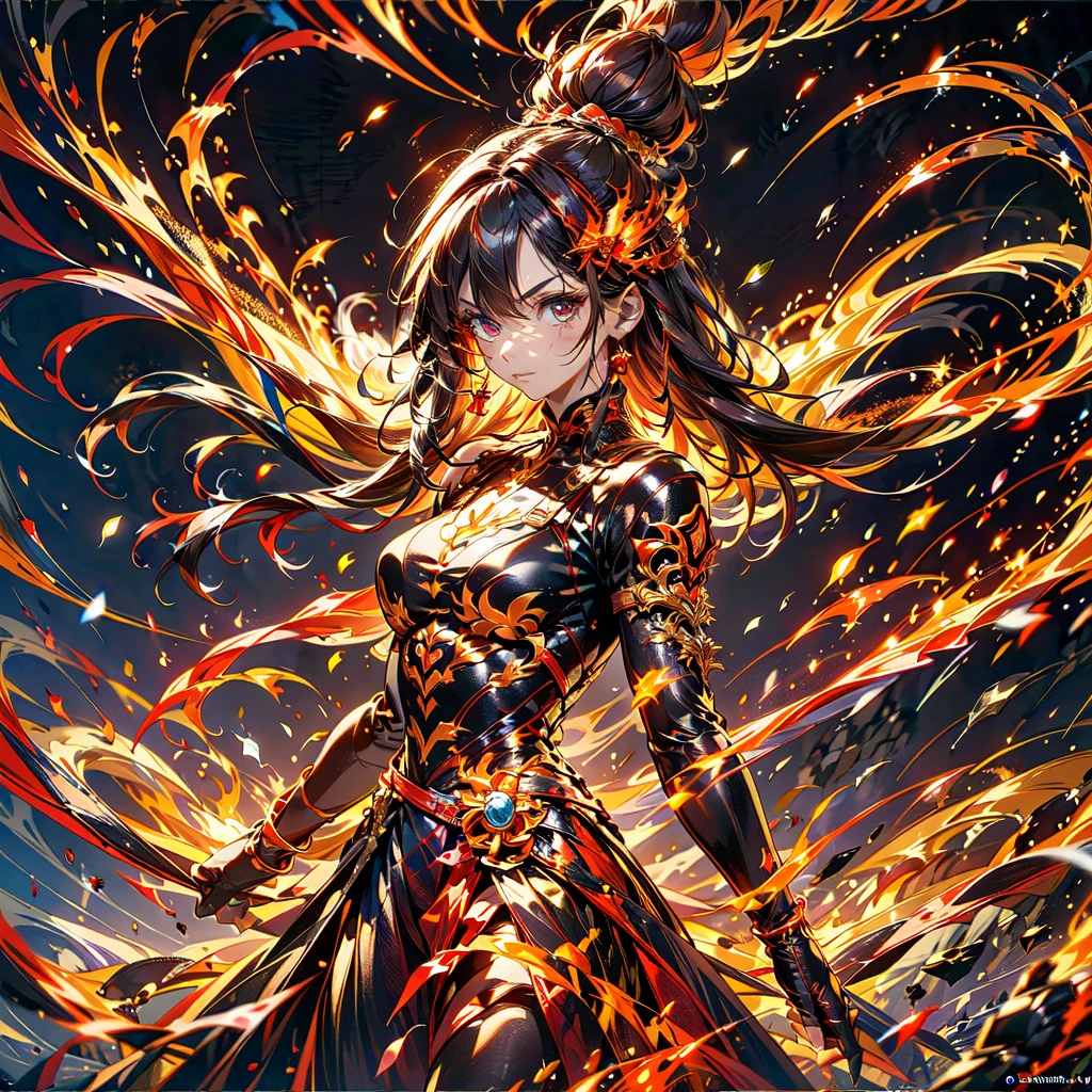 1girl,(((Highest quality、Masterpiece、Official Art、Super detailed、The best dynamic composition、Perfect Anatomy)))、Anime Style、Incarnation of Fire、Girl on Fire、He is accompanied by a fire dragon.、Fractal art of flames、Award-winning works、Holding a fireball in his hand、Serious face、Combat Ready、Cool pose、blow up from below🔥、Gray Hair、