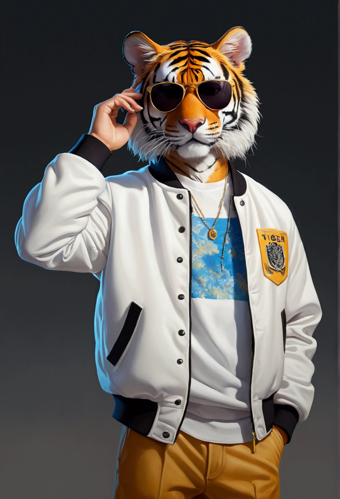 Perfect centering, Cute tiger, Wear a school jacket, Wear sunglasses, Wear headphones, Standing position, Abstract Beauty, Centered, Looking into the camera, To the camera, Near perfect, dynamic, moonlight, Very detailed, Digital Painting, artステーション, コンセプトart, Smooth, Sharp focus, 8k, High resolution, figure, art：Kahne Griffith and Vadim Kashin, White Background