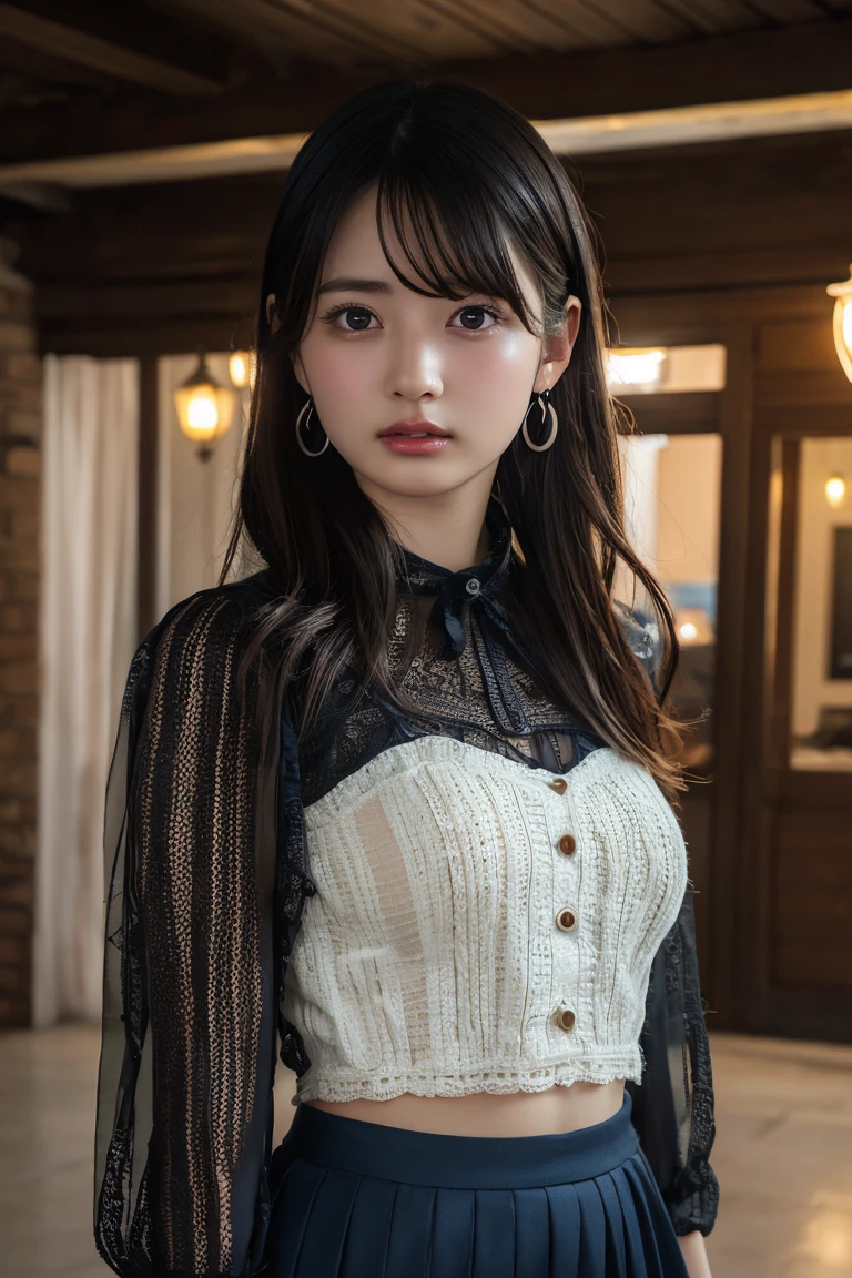 (Highest quality:1.4),(masterpiece:1.4),(Realistic:1.4),(Realistic:1.2),(超High resolution, RAW Photos:1.4),(High resolution, Ultra-detailed:1.2),(8k:1.2),View your viewers,Cinematic photography,One girl,skeletally correct,Black-haired woman,Woman in her early 20s,(Small earrings,necklace,Tulle blouse,Bustier,Crochet skirt),(Western-style building interior,Dimly lit room,The lamplight shines on my cheeks)