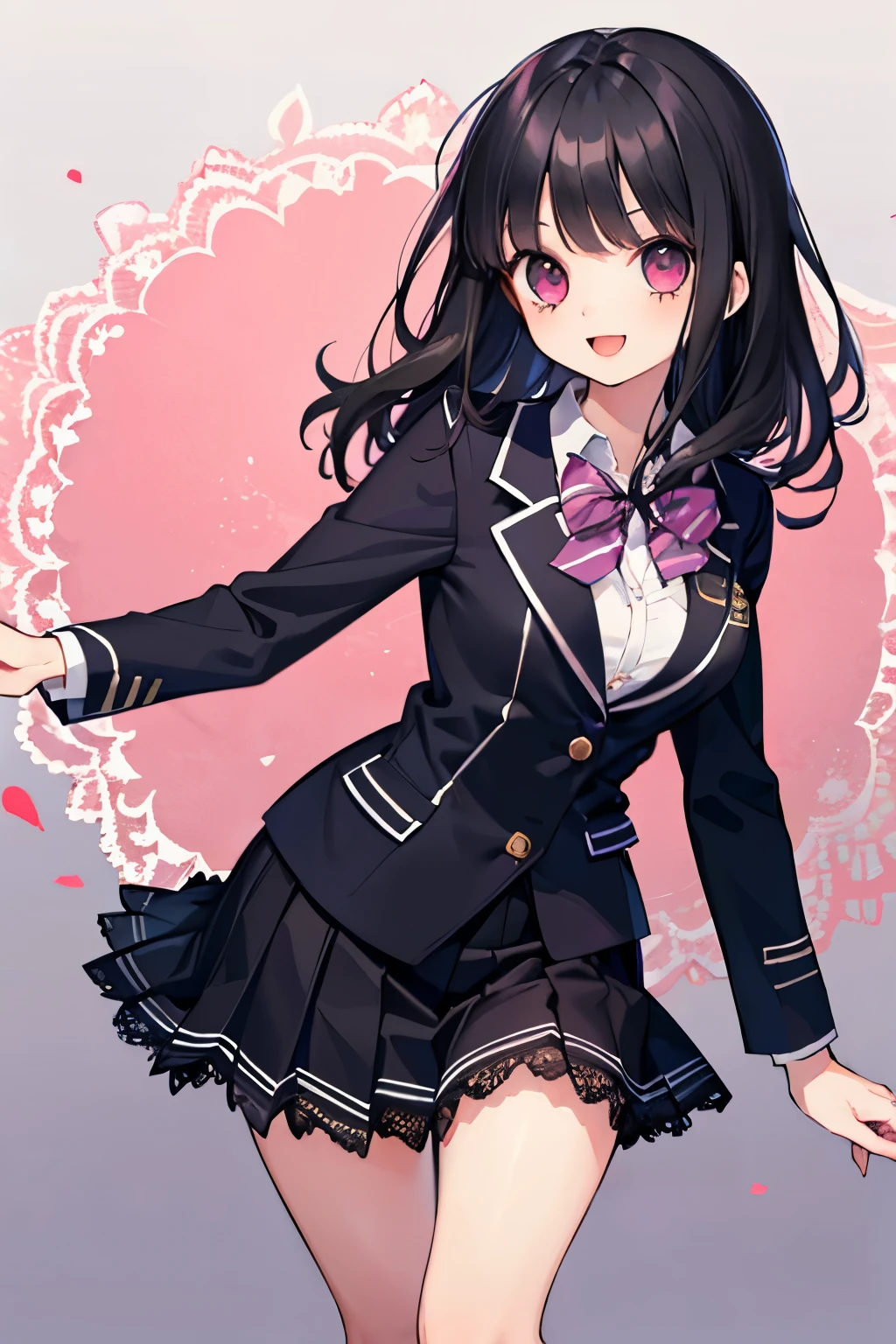 beautiful cute girl,((black hair:1.2)),(Medium wave hair:1.1),(purplered eyes:1.2),(princess:1.1),(student uniform:1.25),(uniform blazer:1.2),(check pattern costume:1.0),((lace:1.2)),smile,(open your mouth:1.1)