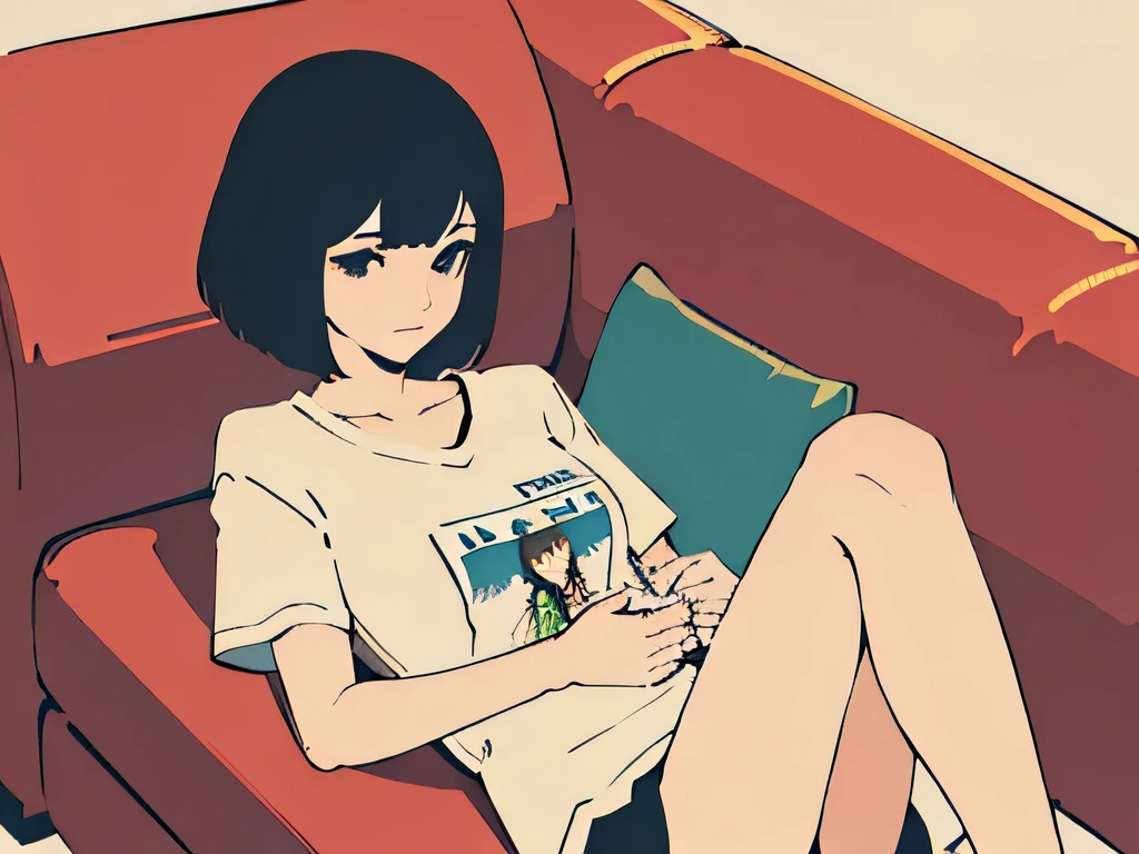 detailed、delicate、high resolution、sofa、woman、Bob Hair、T-Shirts