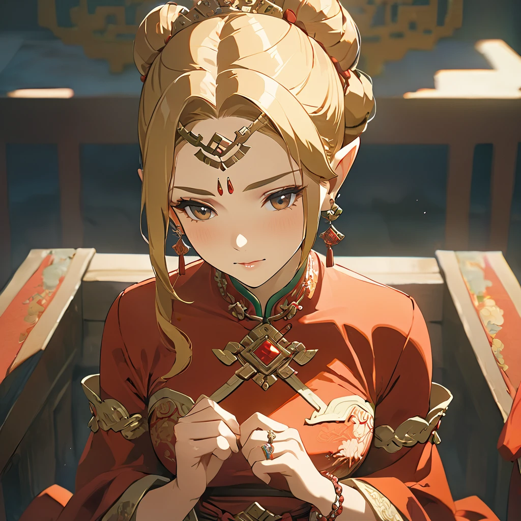 ((Highest quality)), ((masterpiece)), (detailed), (Perfect Face)、The woman is Princess Zelda, with her blonde hair tied up in a bun, wearing a gorgeous red wedding Chinese dress with gold embroidery and trim, and is lavishly dressed with gorgeous accessories and an engagement ring.